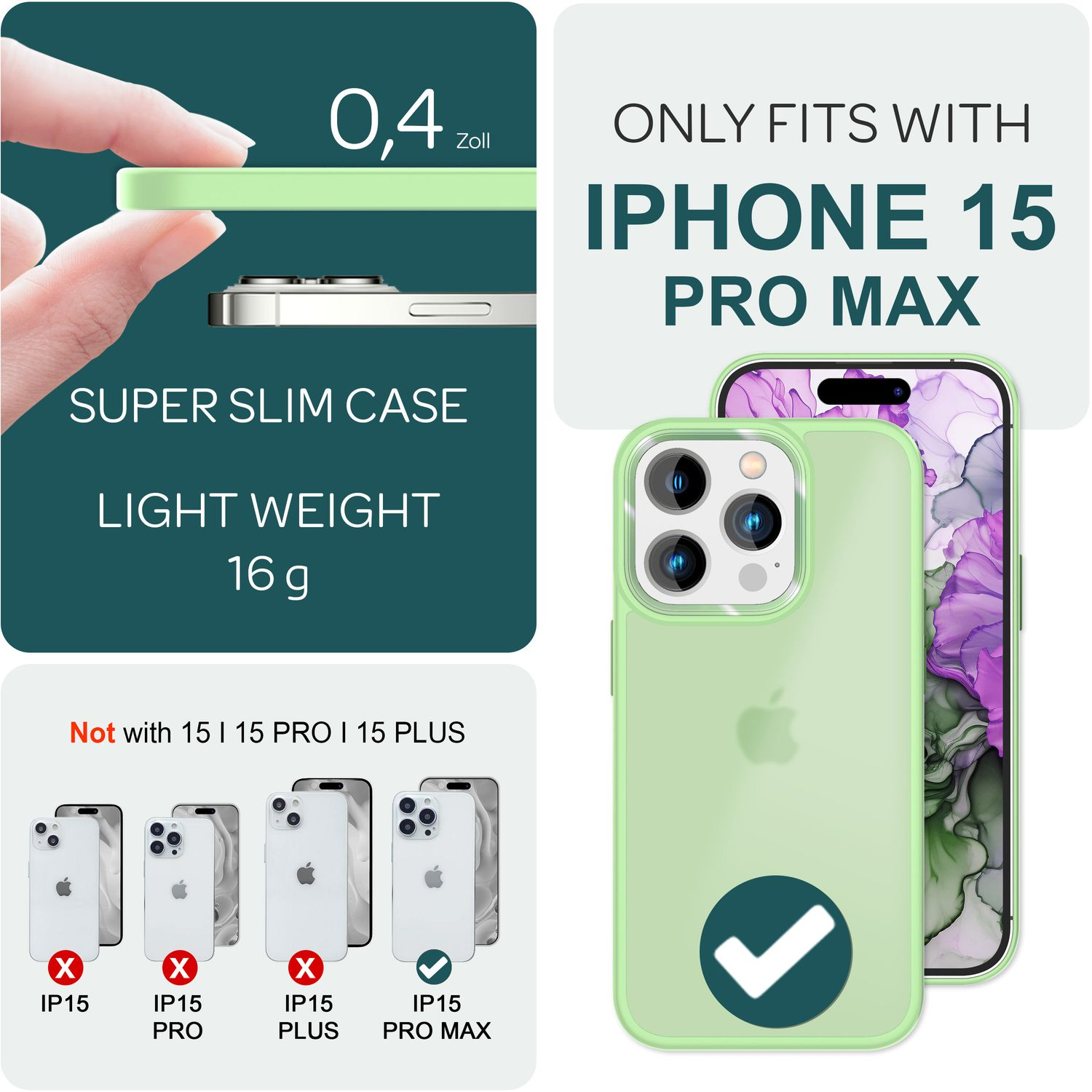 Eine grüne Handyhülle neben einem iPhone 15 Pro Max. Text: super schlank, leicht und nur für iPhone 15 Pro Max.