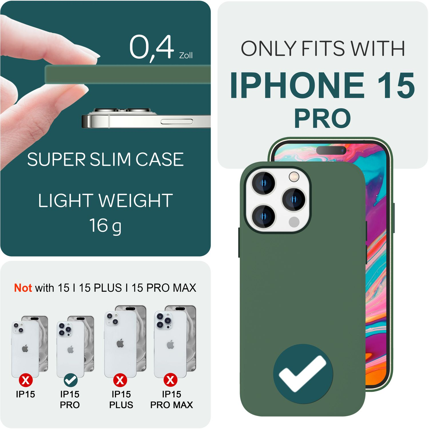 Gezeigt wird eine grüne iPhone 15 Pro Hülle mit einem Haken, zusammen mit einem Telefon. Text besagt, dass sie super schlank, leicht und 0,4 Zoll ist.
