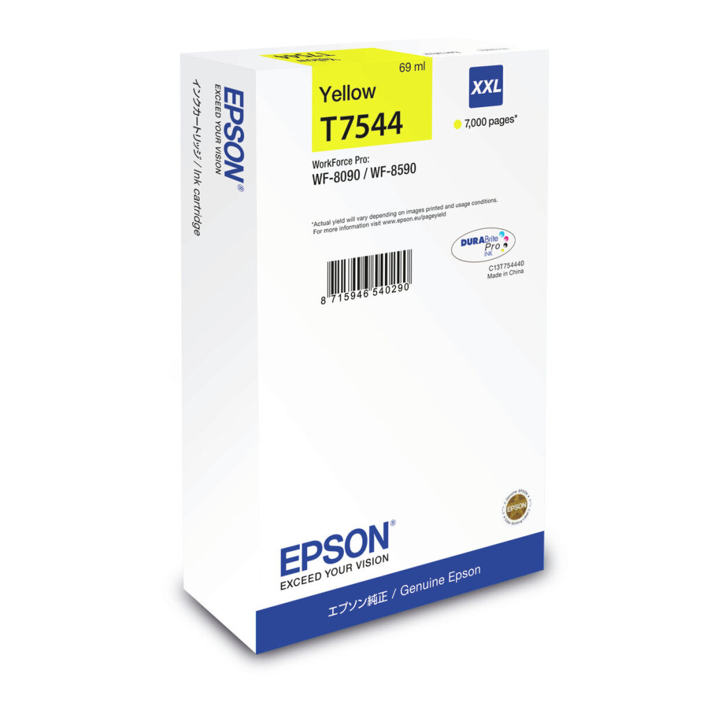 Scatola di cartucce d'inchiostro Epson con etichetta 'Yellow T7544'. Contiene '7.000 pagine' e info 'WorkForce Pro'. Logo Epson visibile.