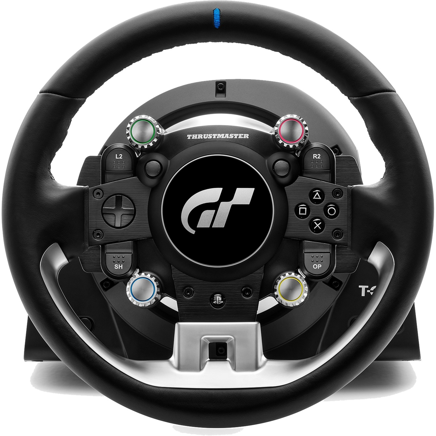 Een zwart Thrustmaster racestuur met knoppen en een GT-logo in het midden. Voorzien van diverse gekleurde knoppen en een zwart lederen grip.