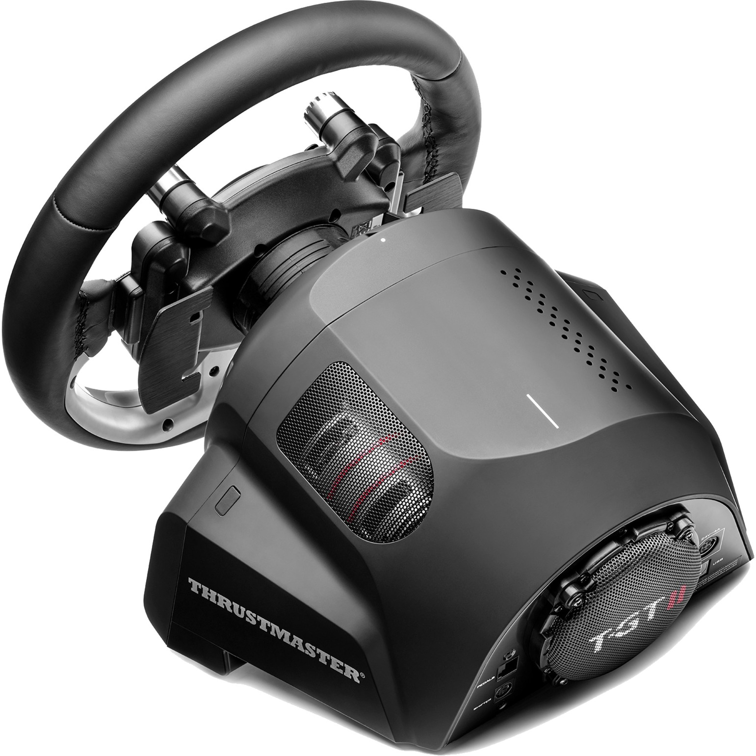 Een zwart en grijs Thrustmaster T-GT II racestuur, met het stuur bovenaan. De basis heeft ventilatieopeningen en het Thrustmaster-logo.