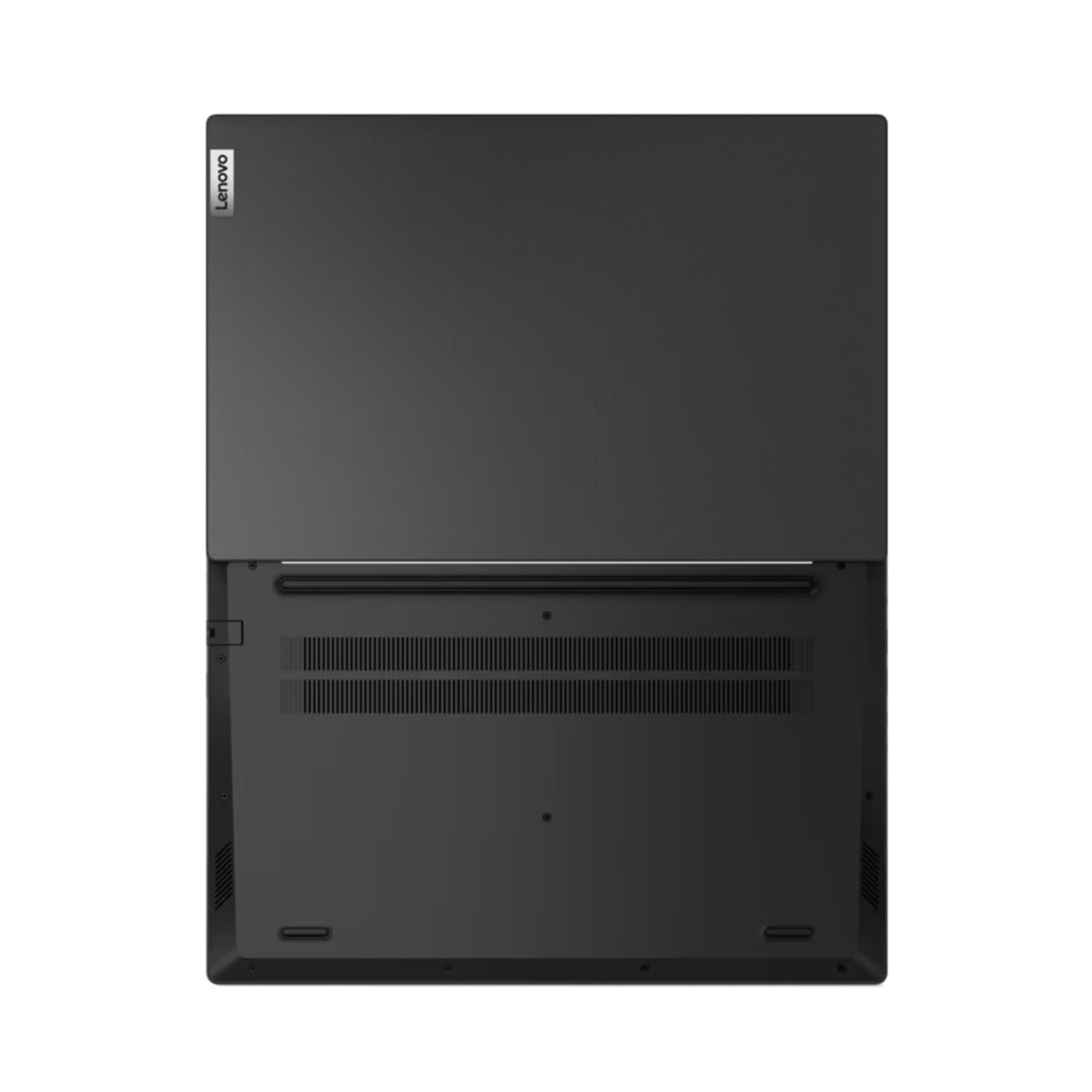 Ein geschlossener, schwarzer Lenovo-Laptop, der die Unterseite zeigt. Das Lenovo-Logo ist sichtbar. Der Laptop hat einen Lüftungsbereich.