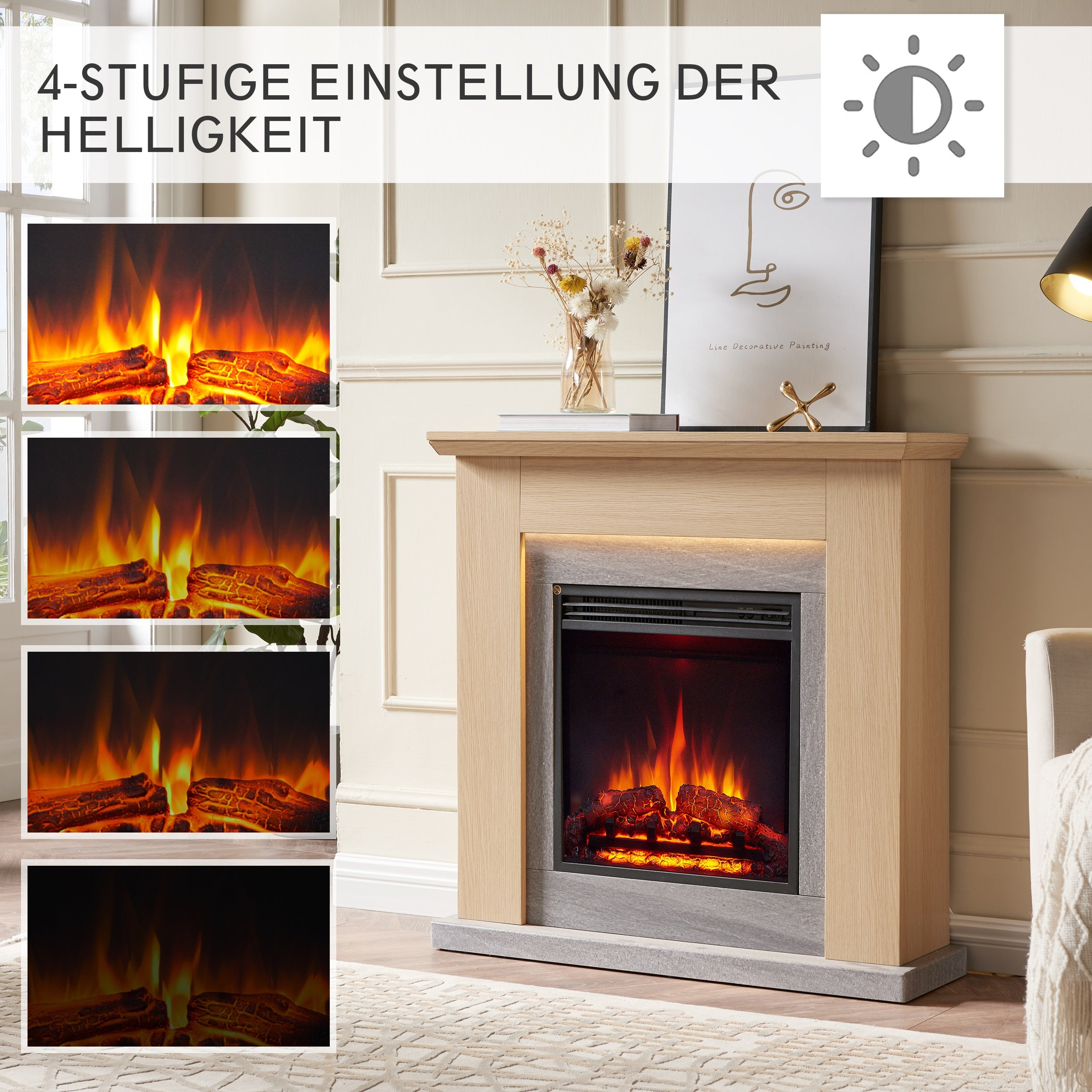 Ein Kamin mit Holzrahmen, Flammen im Inneren und einem dekorativen Gemälde auf dem Kaminsims. Vier Helligkeitseinstellungen werden angezeigt.