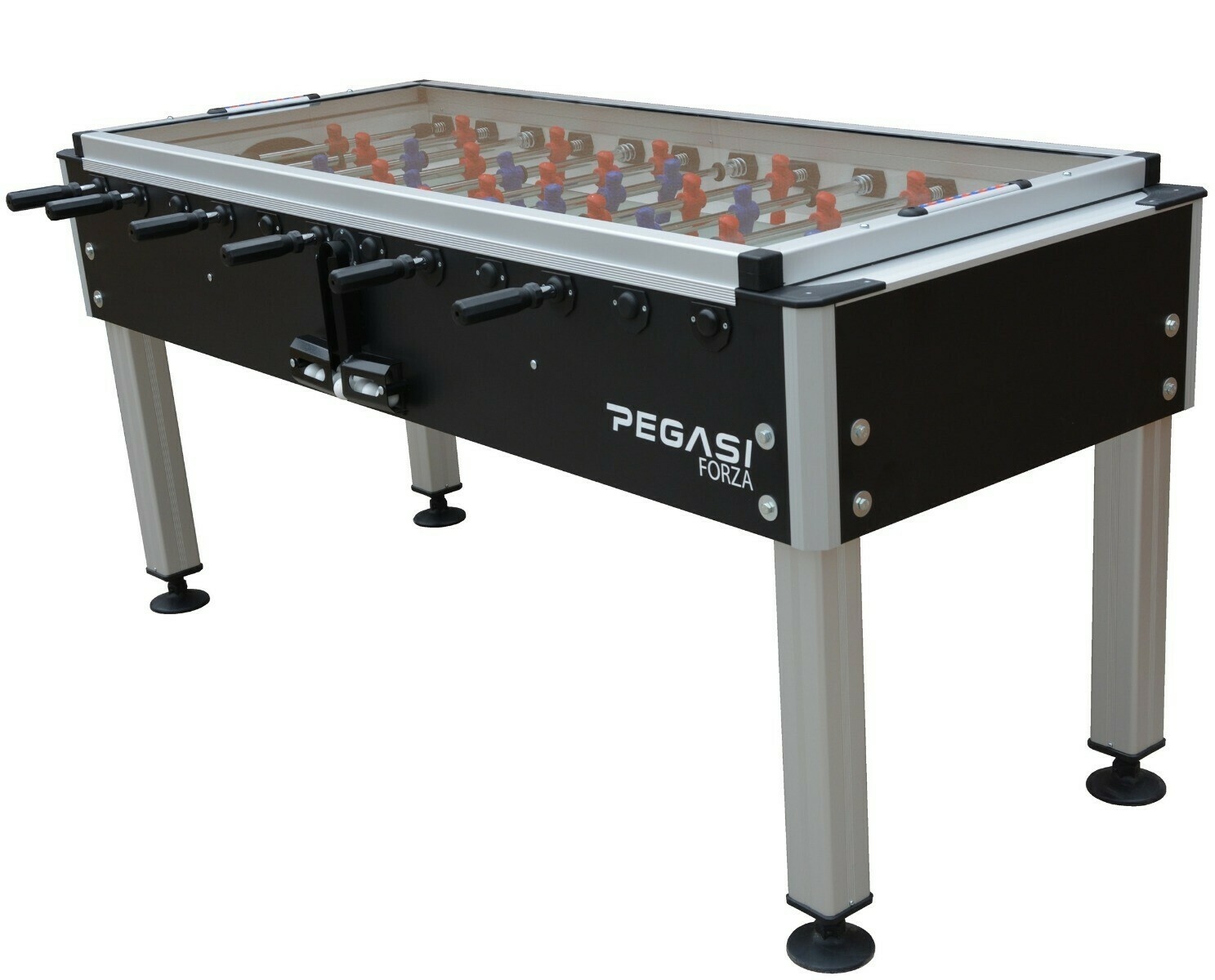 Een zwarte tafelvoetbaltafel met zilveren poten, rode en blauwe spelers en een glazen bovenkant. Het merk "PEGASI FORZA" is zichtbaar.