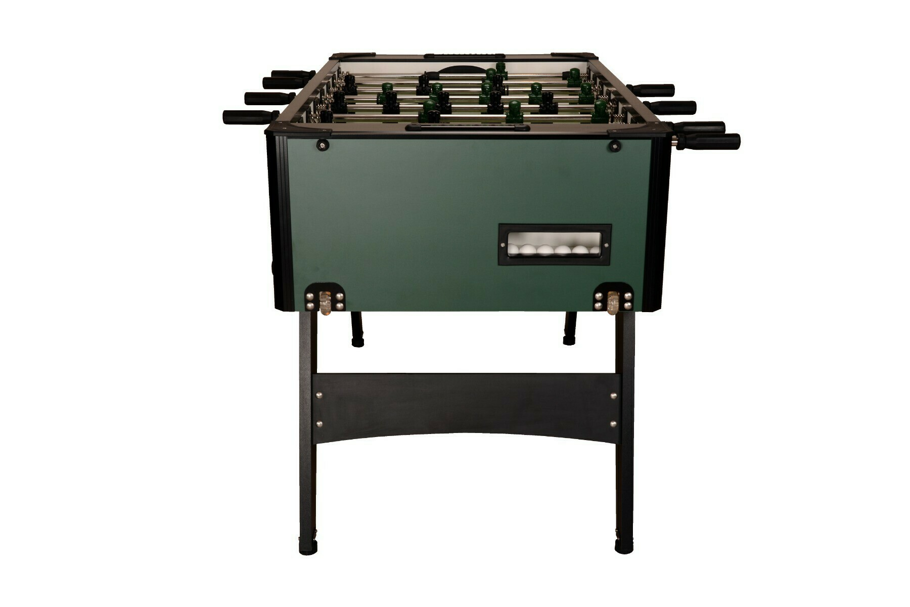 A green foosball table, angled view. Black handles and legs. White balls visible in a small window. Isolated on white.