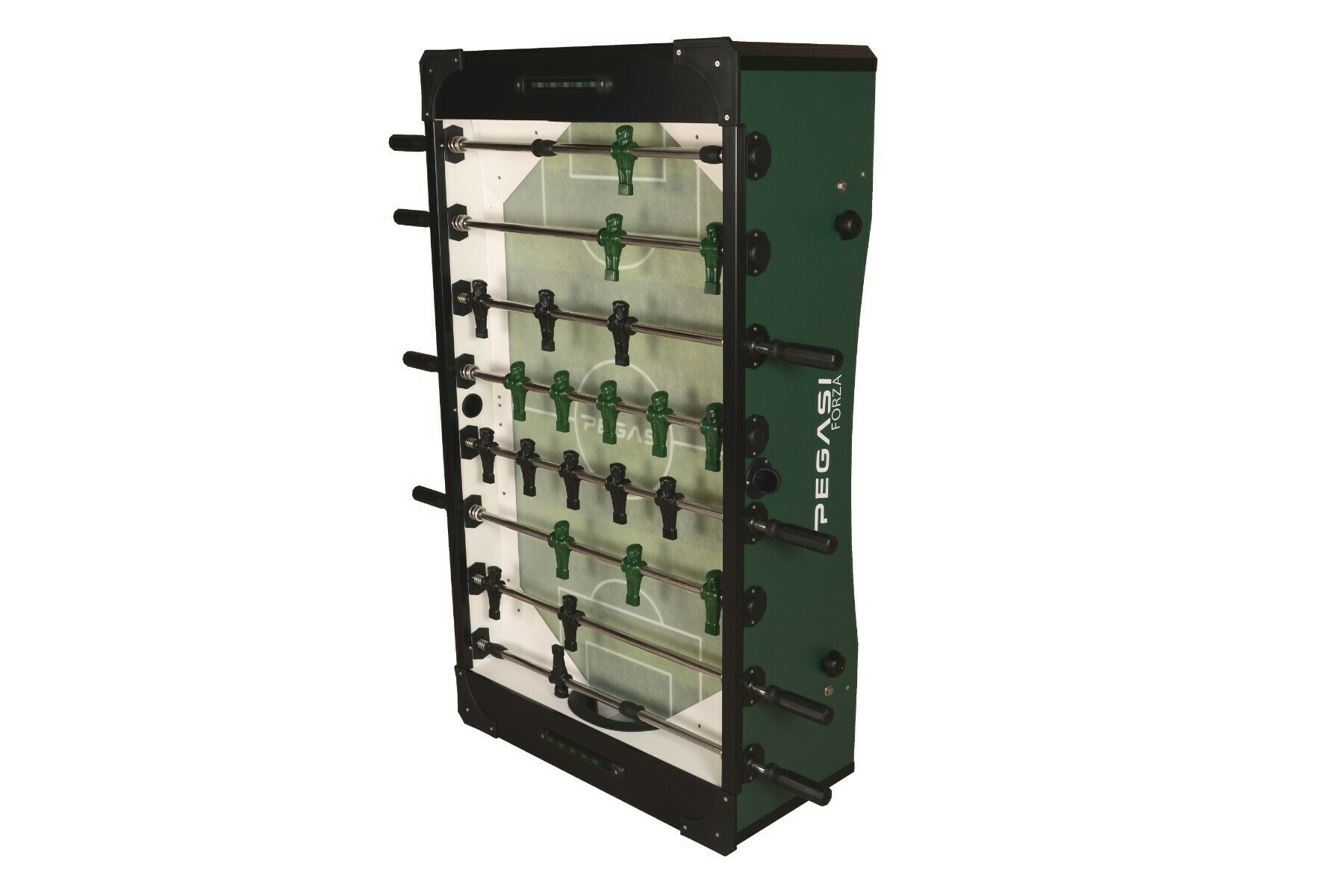 A foosball table is shown. It is green and black with the Pegasi Forza logo. The players are green and black.