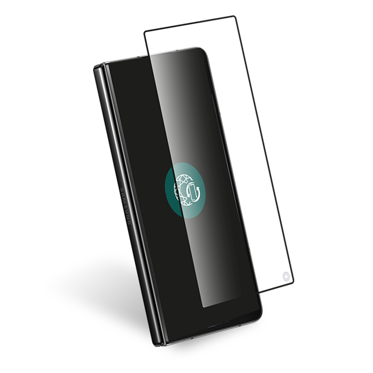 Een zwarte smartphone met een schermbeschermer. Het scherm toont een vingerafdruksensor. De beschermer is transparant en iets van de telefoon af.