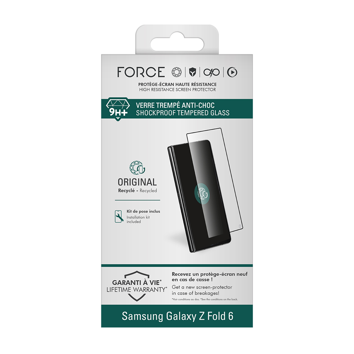 Verpakking met schermbeschermer voor Samsung Galaxy Z Fold 6. Inclusief gehard glas, installatiekit en levenslange garantie.
