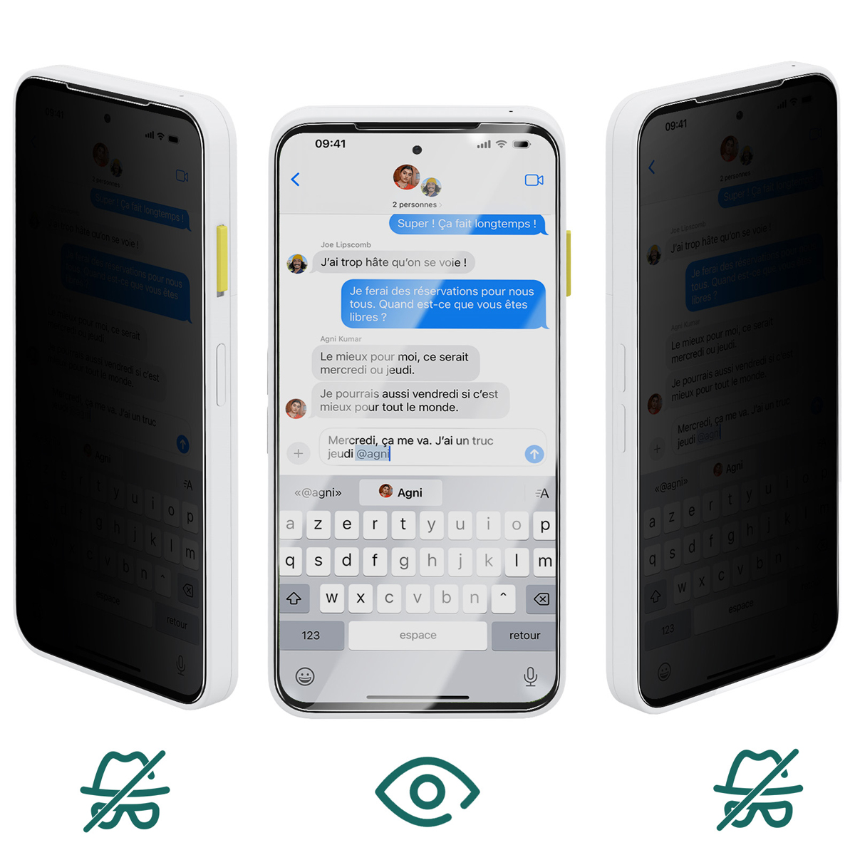 Trois iPhones affichent une conversation. Celui du milieu montre une conversation avec des messages et un clavier en bas.