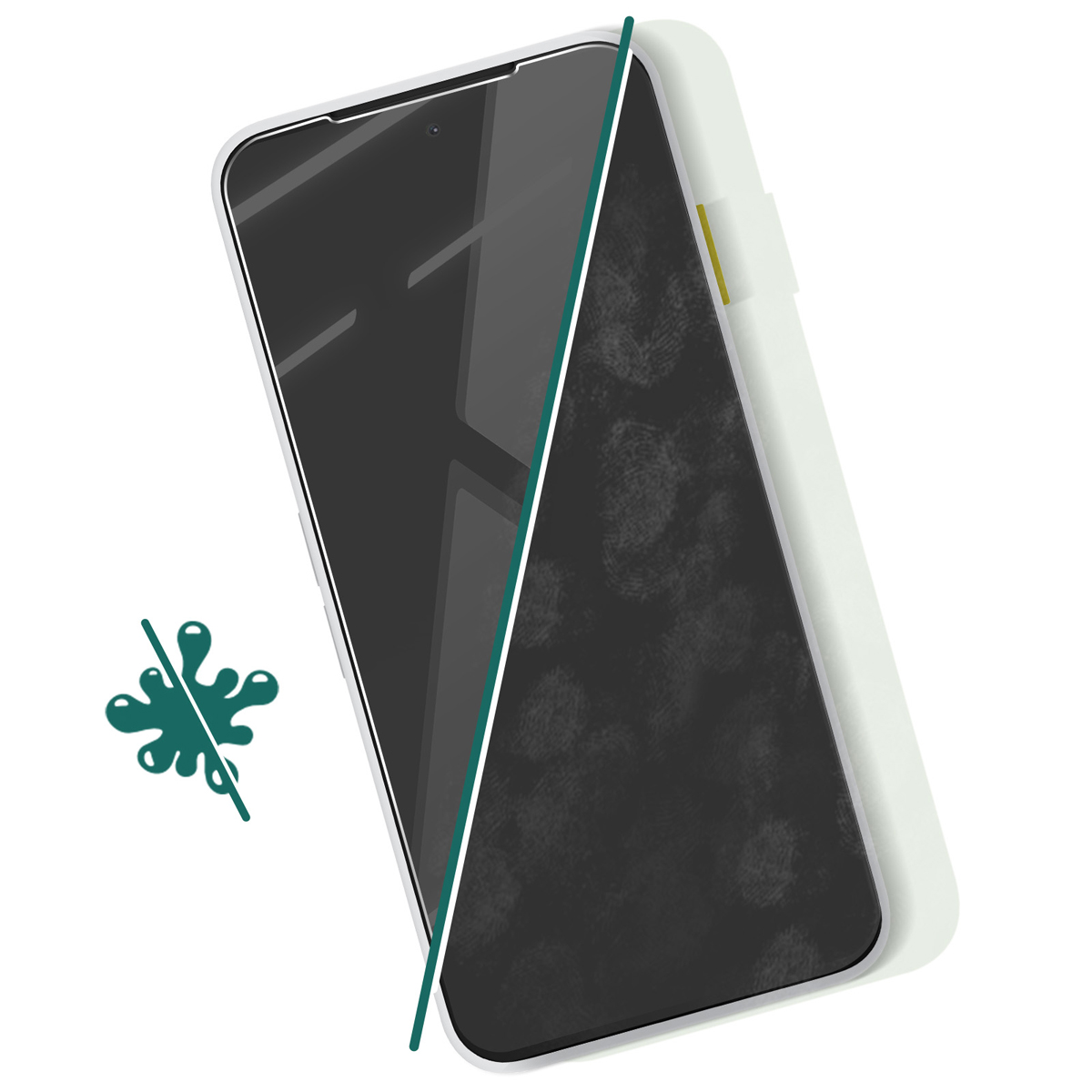 Un smartphone avec un écran sale est montré. Une éclaboussure verte avec une croix est à gauche. L'écran est divisé.