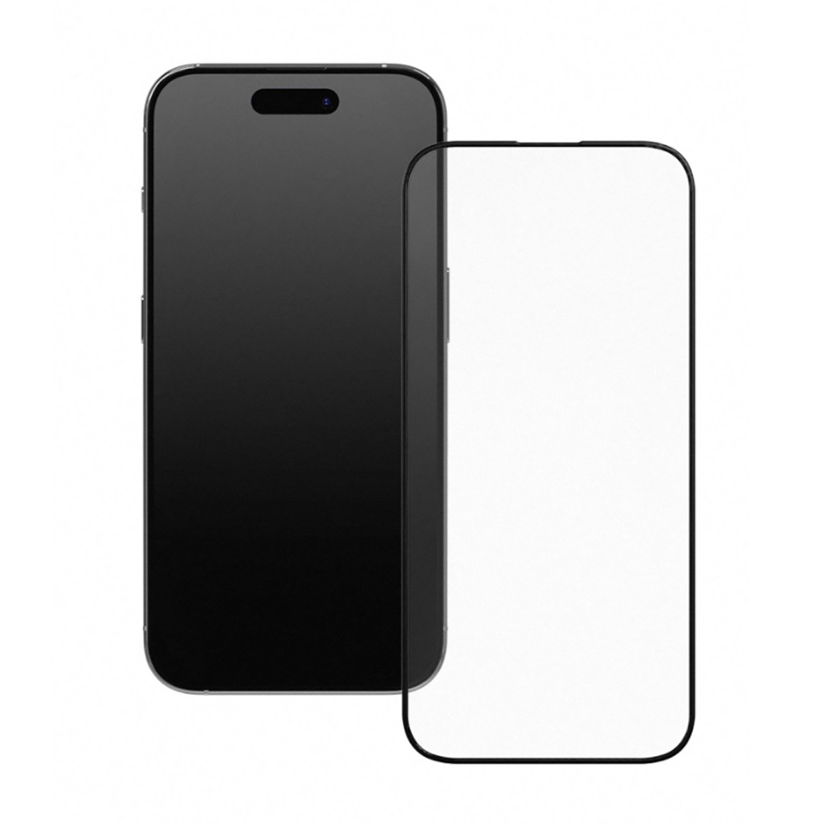 Un smartphone noir et un protecteur d'écran sur fond blanc. Le protecteur est transparent et le téléphone est noir.