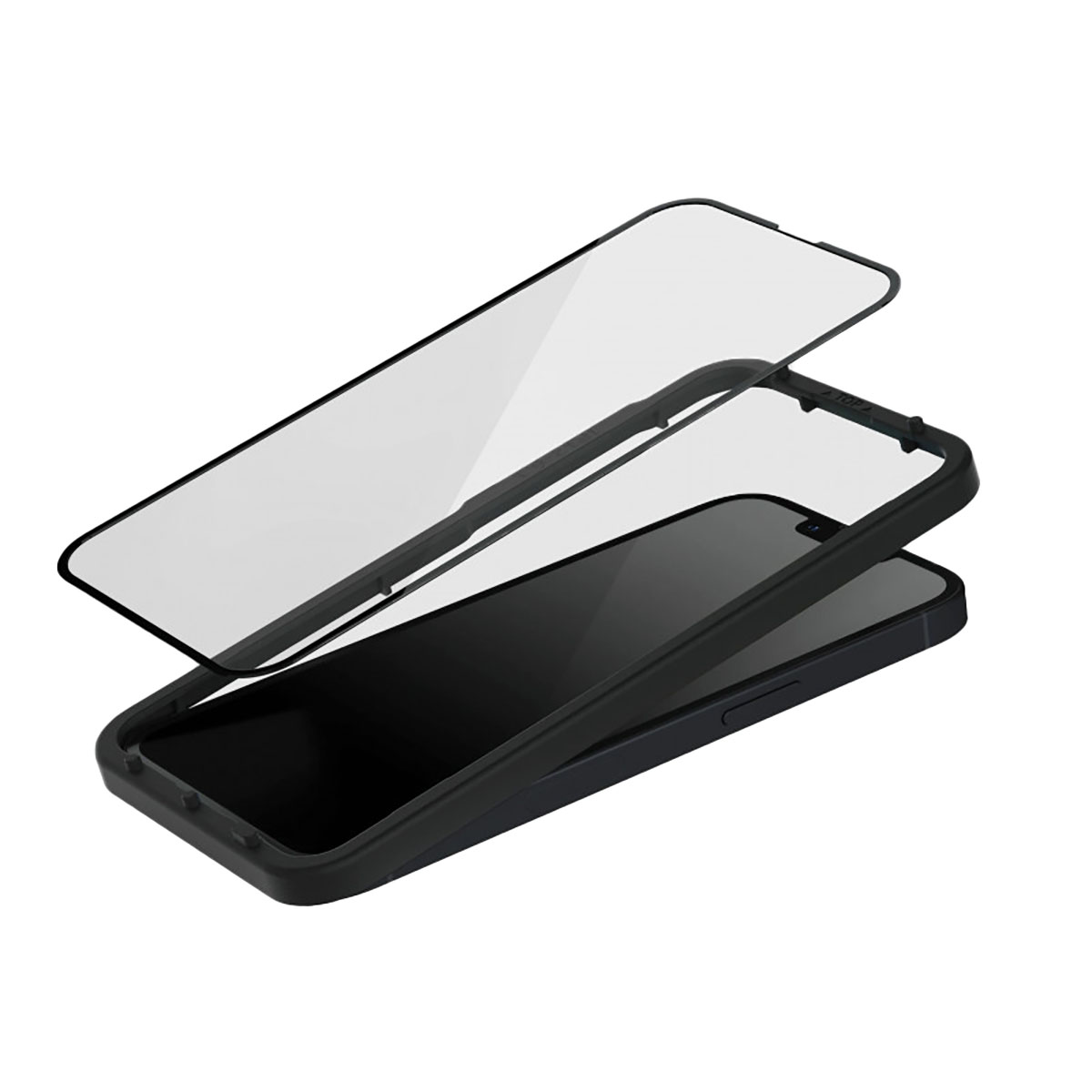 Een zwarte telefoonhoes met een transparante schermbeschermer is gedemonteerd afgebeeld. De telefoon is zwart, de hoes is zwart.