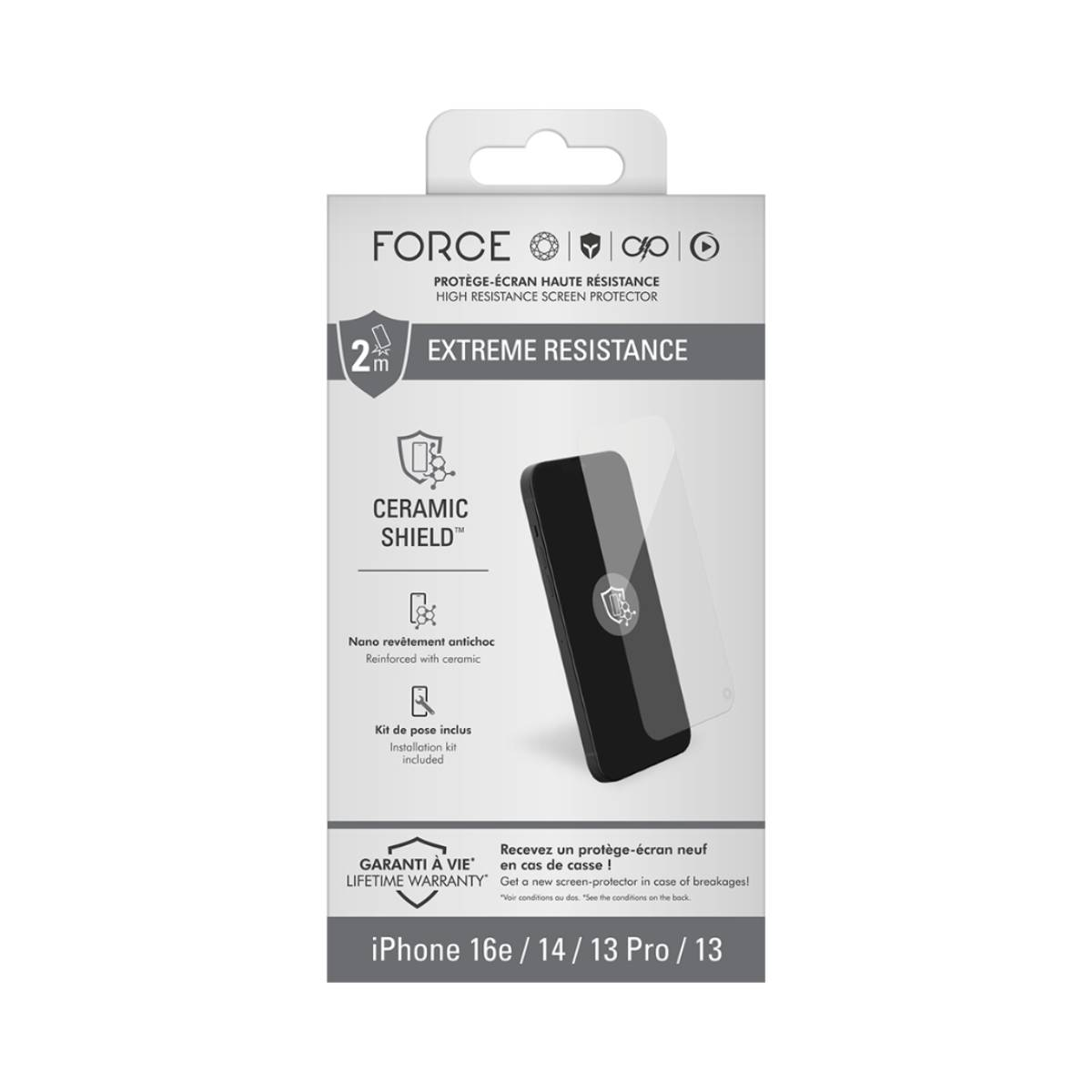 Una confezione di protezione per lo schermo del telefono. Ha il marchio FORCE, con le parole 'Extreme Resistance' e 'Ceramic Shield'.