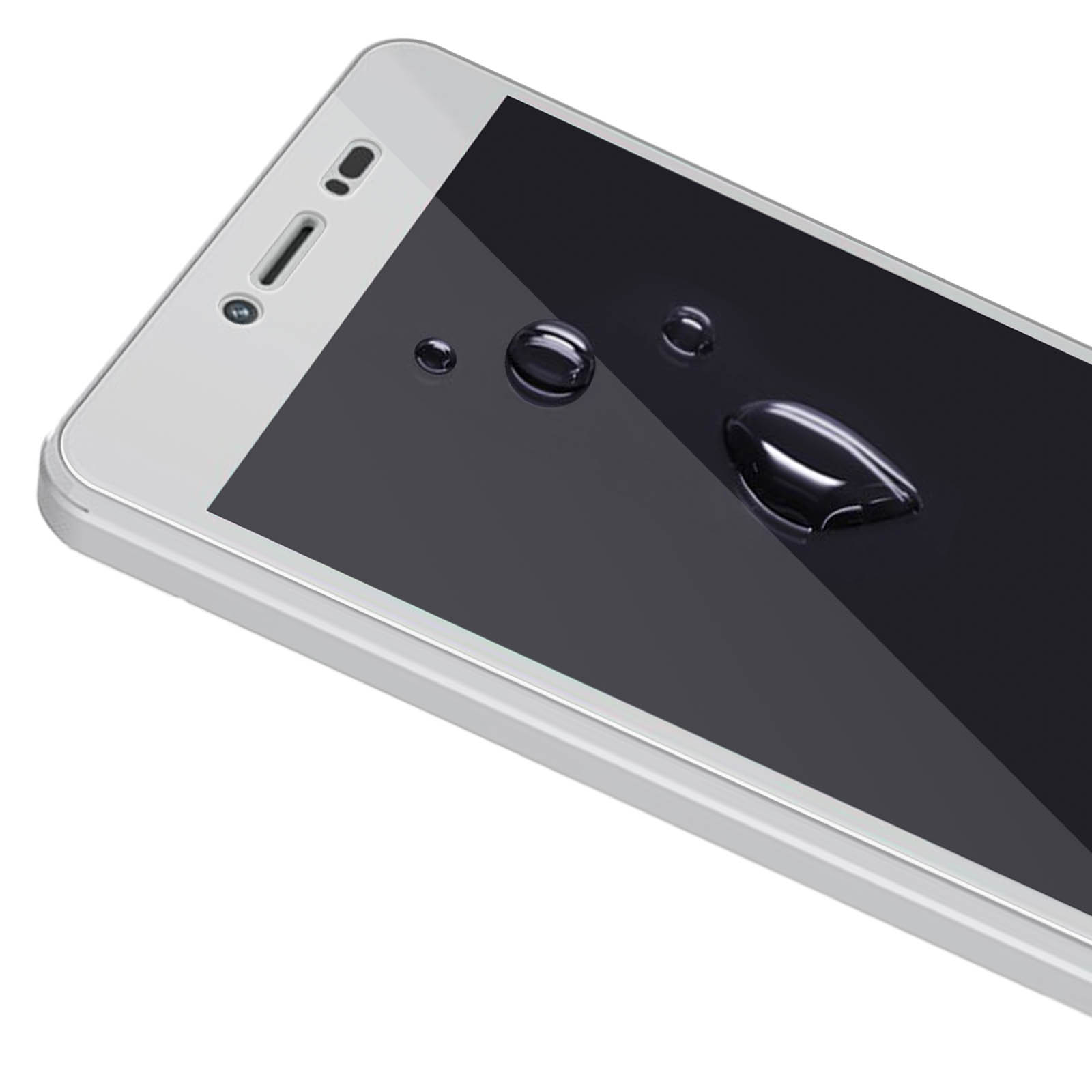 Uno smartphone bianco con gocce d'acqua sullo schermo nero. Il telefono è angolato.