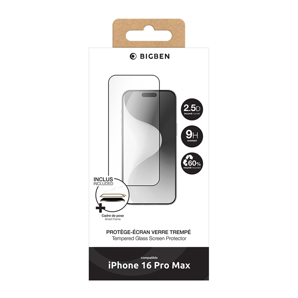 Scatola di protezione schermo per iPhone 16 Pro Max. Marchio BIGBEN e include un telaio per una facile installazione.