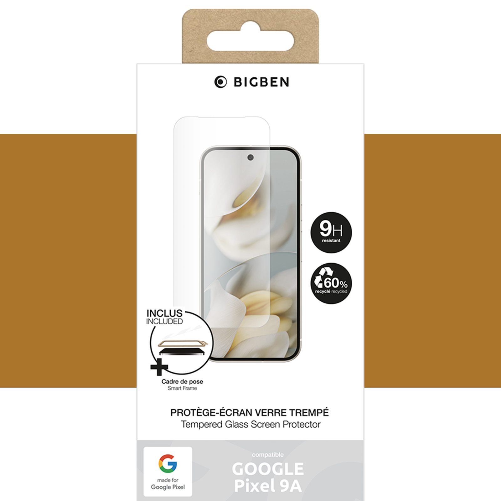 Telefoonschermbeschermer doos. Toont een telefoon met de beschermer erop. Tekst: 'BIGBEN', '9H resistent' en '60% gerecycled'.