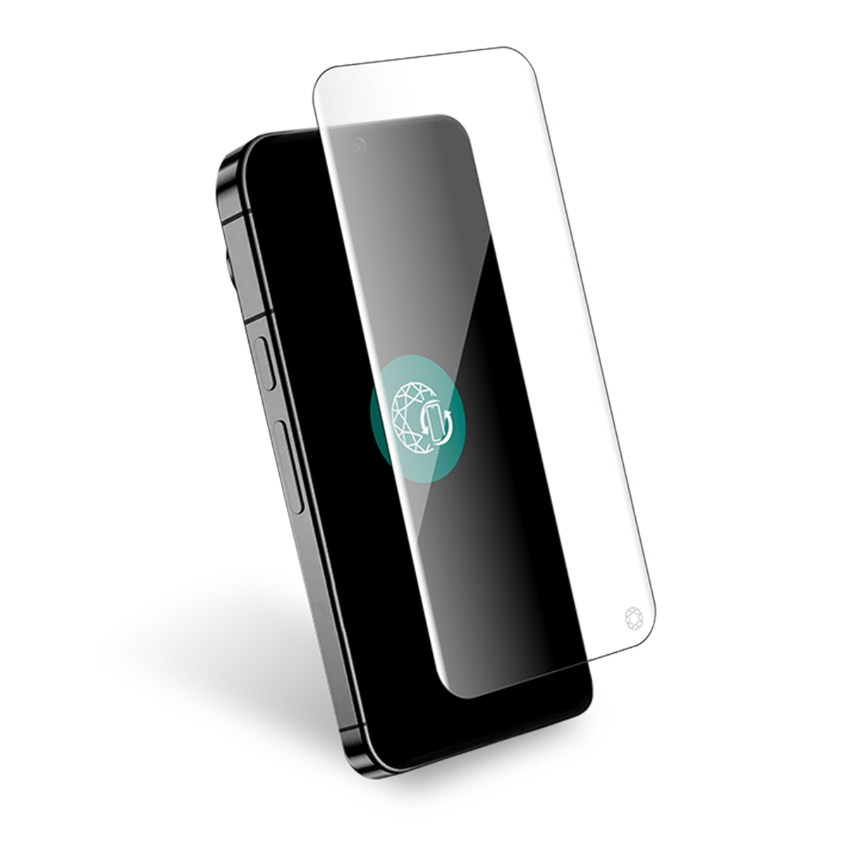 Un smartphone noir avec un protecteur d'écran sur fond blanc. Le protecteur d'écran est légèrement décalé du téléphone.