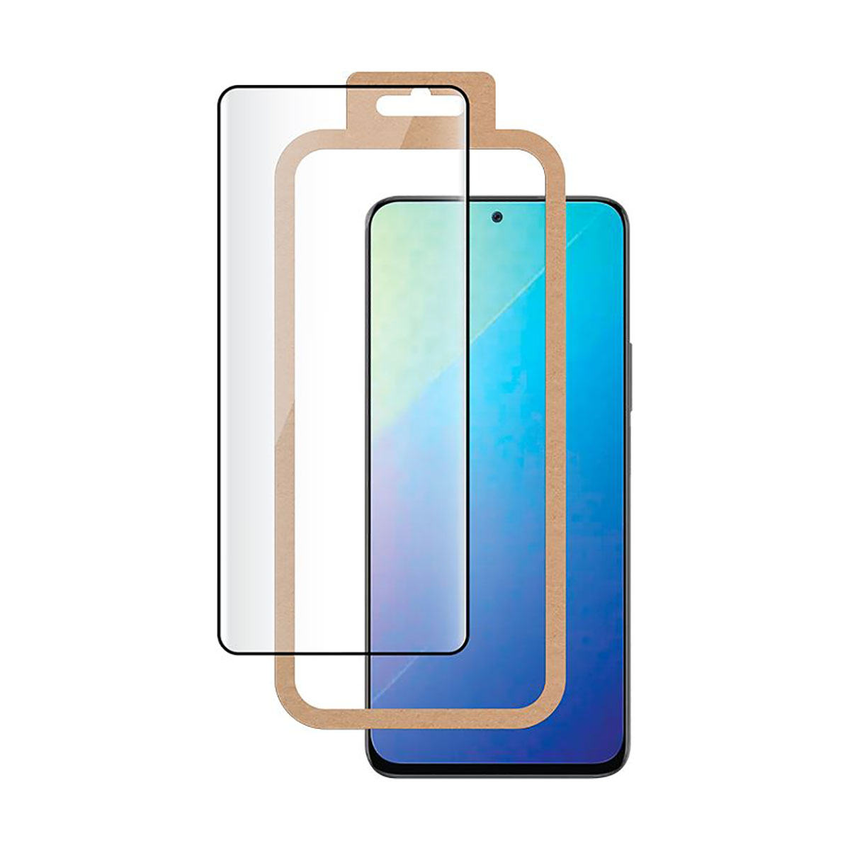 Een smartphone met een schermbeschermer en de verpakking. De telefoon is blauw en zwart. De beschermer is helder.