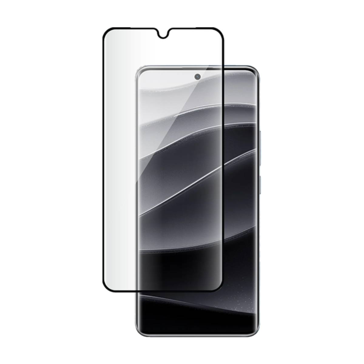 Een smartphone met een schermbeschermer. De beschermer is transparant met een zwarte rand. De telefoon heeft een zwart scherm.