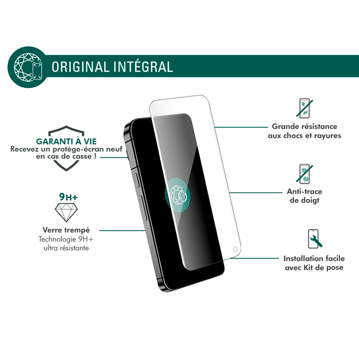 Un smartphone noir avec un protecteur d'écran. Le texte indique résistance aux rayures, installation facile et garantie à vie.