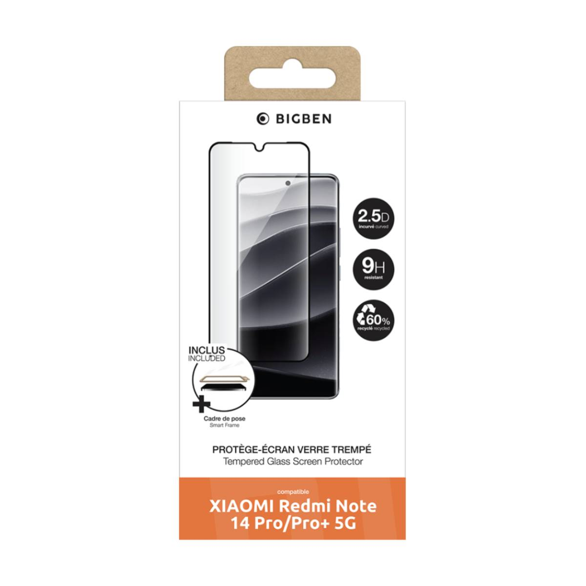 Doos met schermbeschermer. Teksten: Bigben, 2.5D, 9H, 60% gerecycled, Xiaomi Redmi Note 14 Pro/Pro+ 5G.
