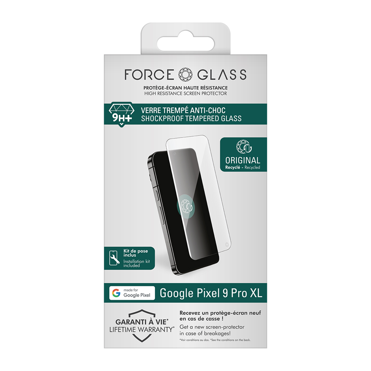 Boîte avec protecteur d'écran pour Google Pixel 9 Pro XL. Elle montre un téléphone avec protecteur, avec texte en français et anglais.