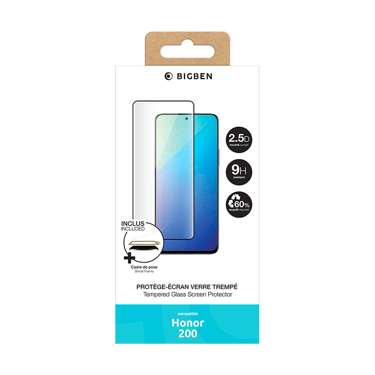 Een doos met een schermbeschermer voor de telefoon. Het toont de beschermer, de telefoon en functies zoals 2,5D gebogen, 9H resistent en 60% gerecycled.