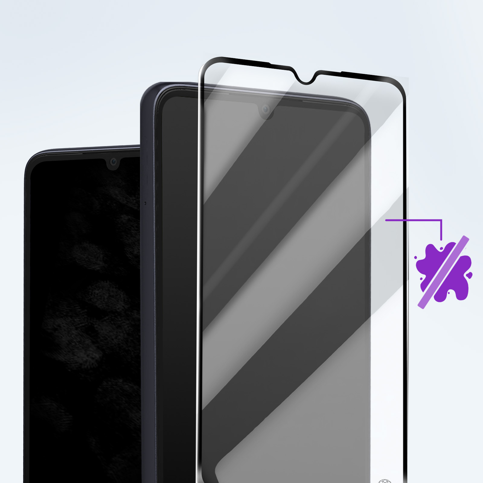 Tre smartphone affiancati. Quello centrale ha una protezione schermo. Un'icona di macchia viola a destra.