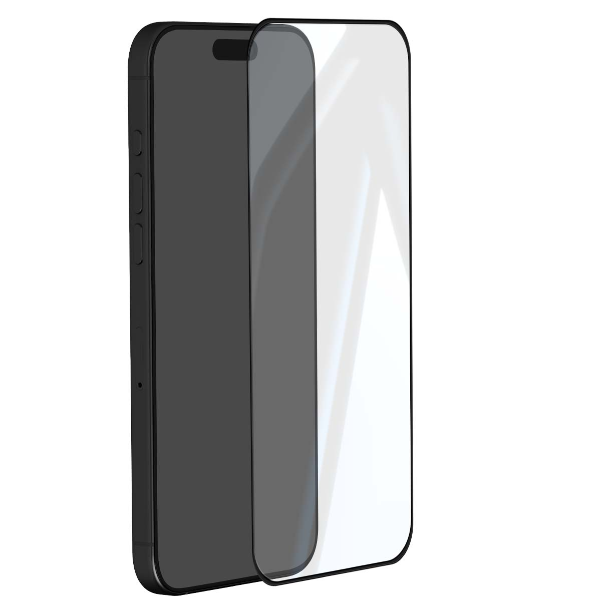 Uno smartphone nero con una protezione per lo schermo applicata. La protezione è trasparente e il telefono ha bordi arrotondati e pulsanti laterali.
