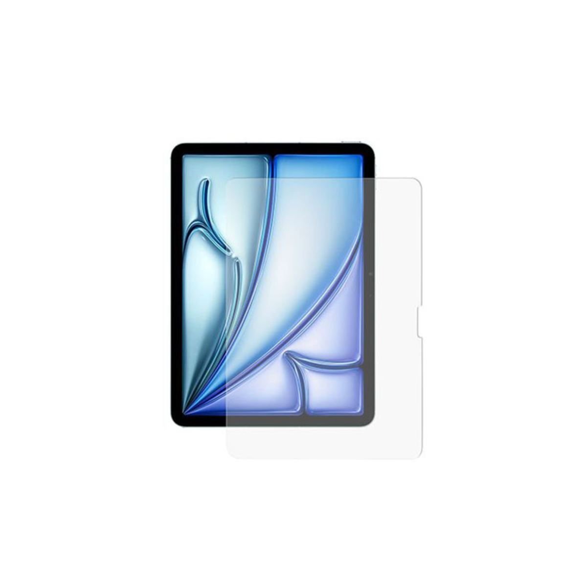 Een tablet met een schermbeschermer. Het scherm toont een blauw en wit ontwerp. De beschermer is zichtbaar.