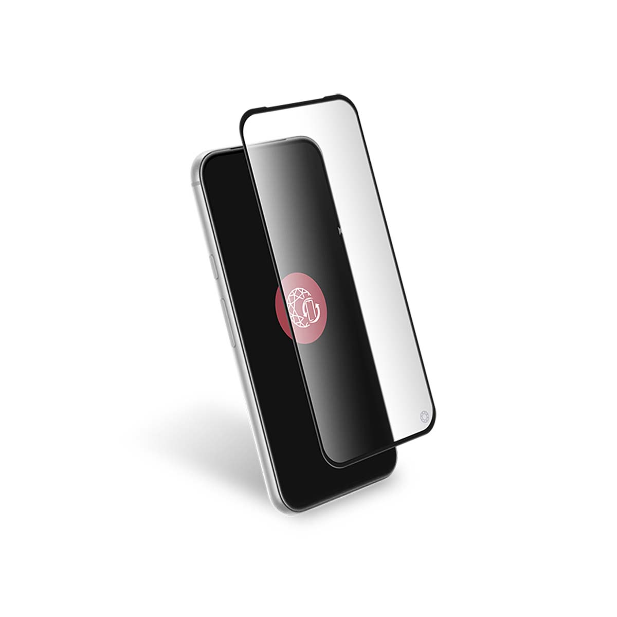 Un smartphone avec un protecteur d'écran sur fond blanc. Le protecteur est légèrement décalé. Le téléphone a un logo.