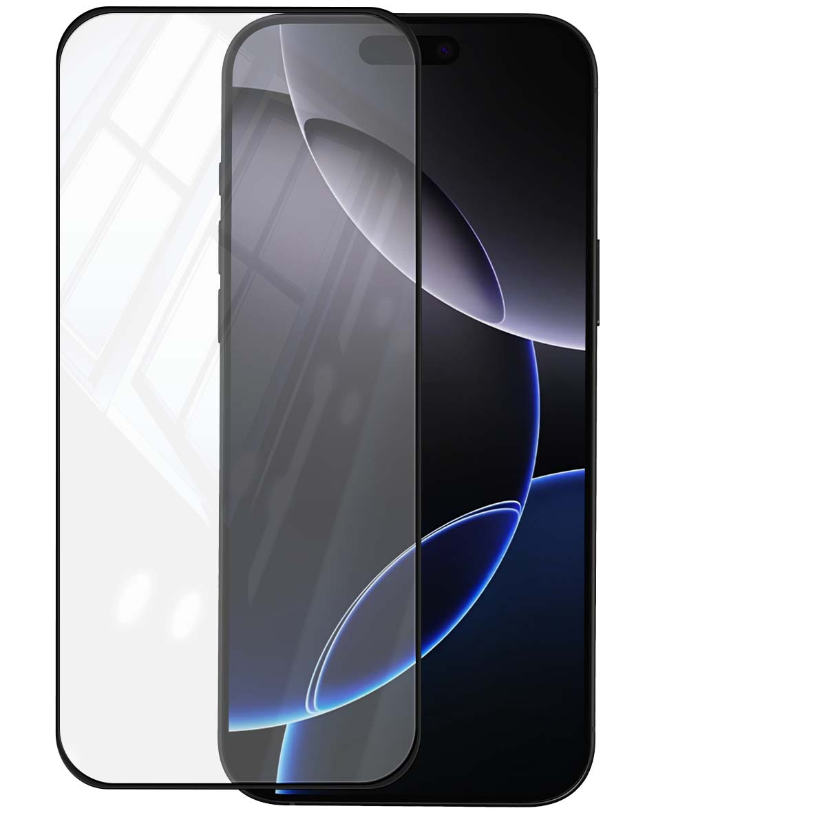 Uno smartphone nero con protezione schermo, parzialmente trasparente. Lo schermo mostra forme astratte blu e bianche, che riflettono la luce.