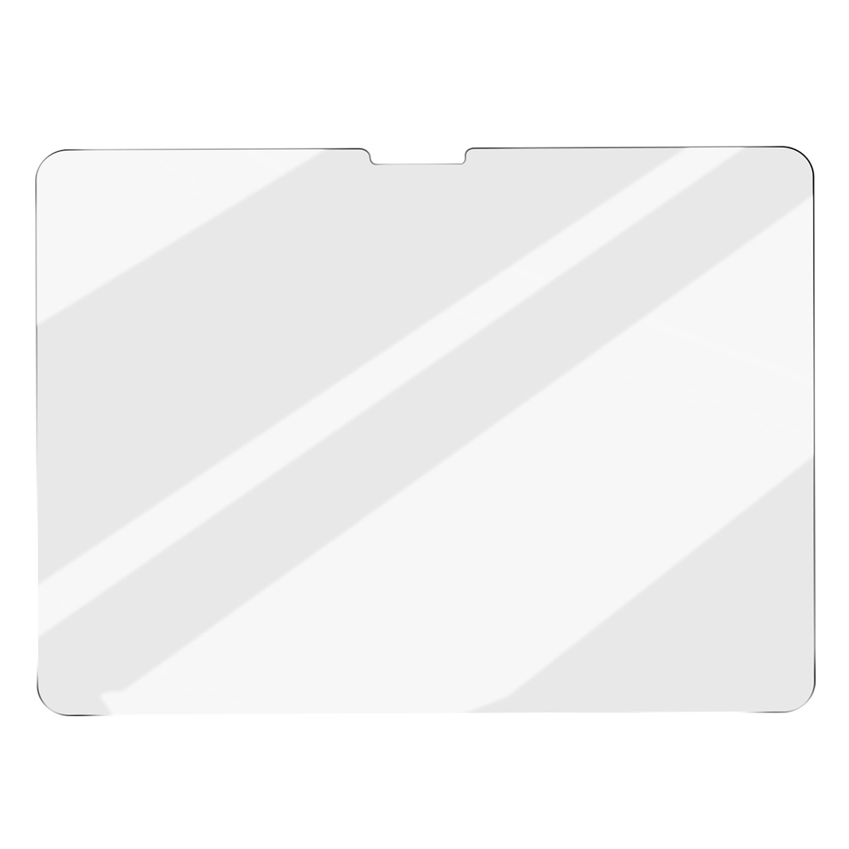 Un protecteur d'écran rectangulaire et transparent avec des coins arrondis et une petite encoche sur le bord supérieur. Reflets.