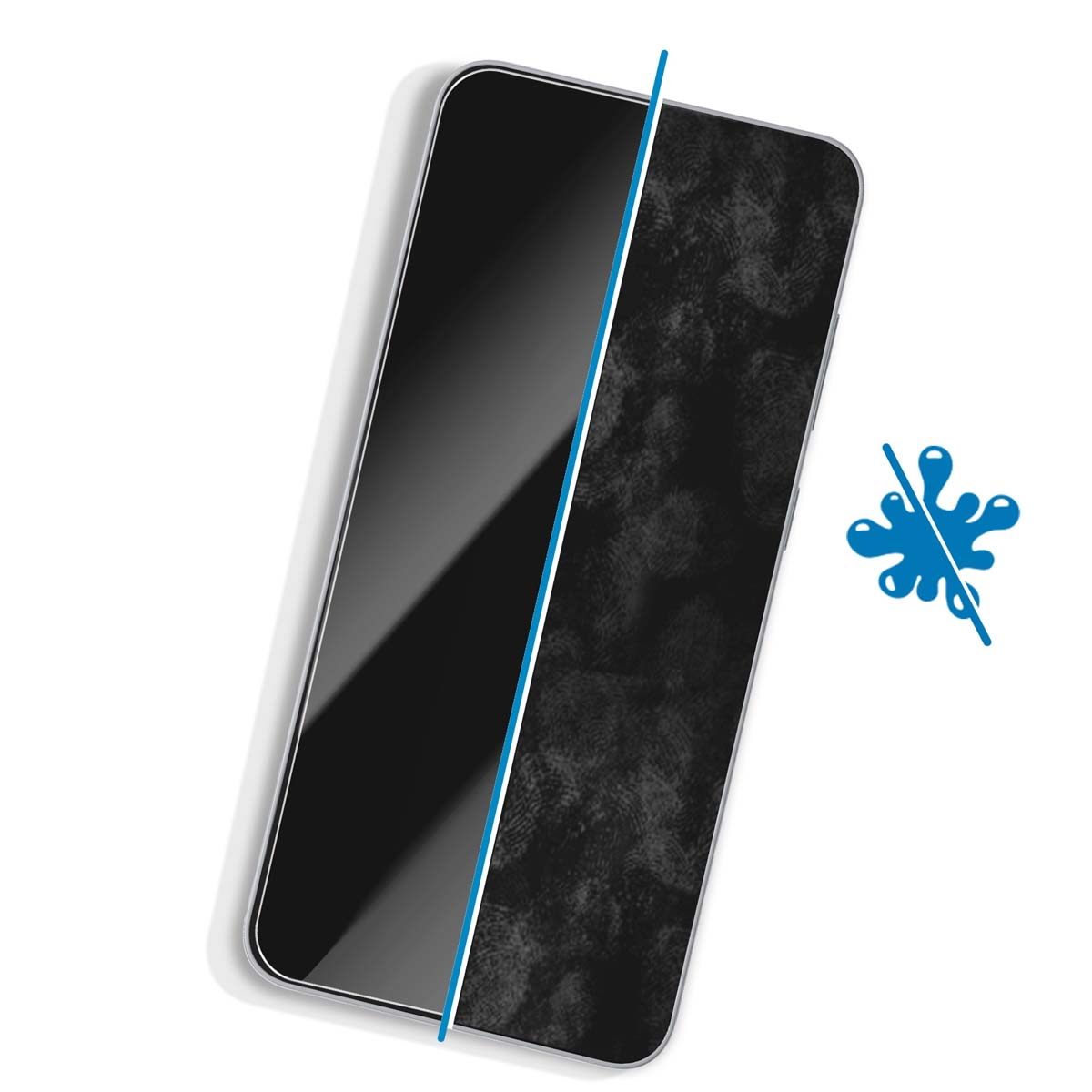 Un écran de smartphone, moitié propre, moitié avec des empreintes digitales. Une ligne bleue divise l'écran. Un symbole bleu de giclée d'eau avec une barre oblique.