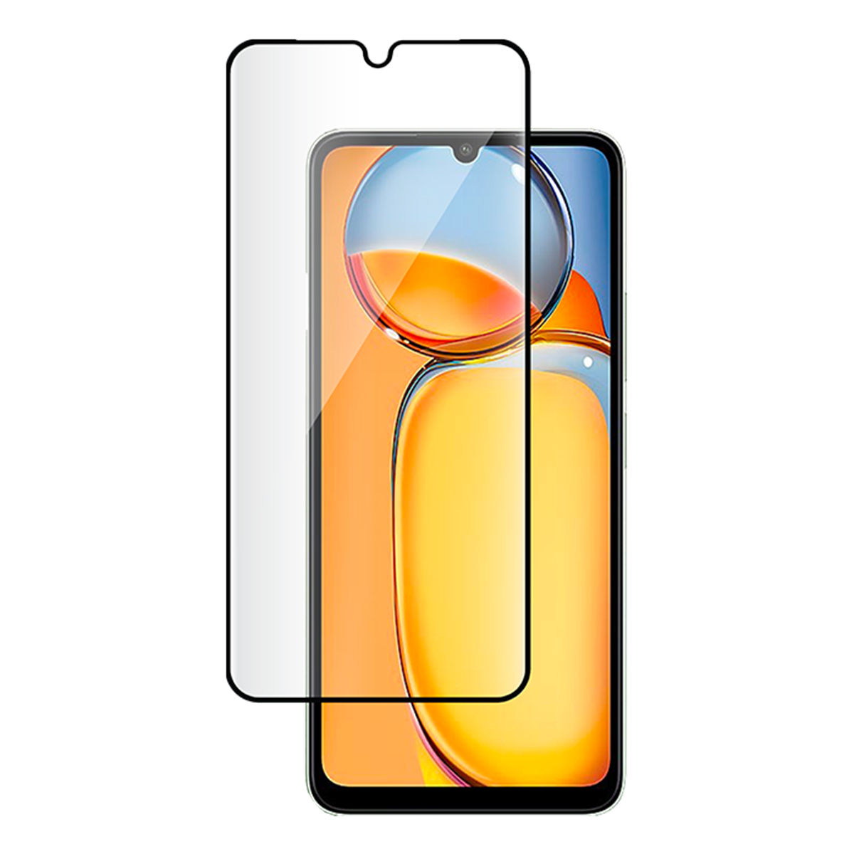 Un smartphone avec un protecteur d'écran. Le téléphone a un cadre noir et un écran avec un dégradé orange et bleu vif.