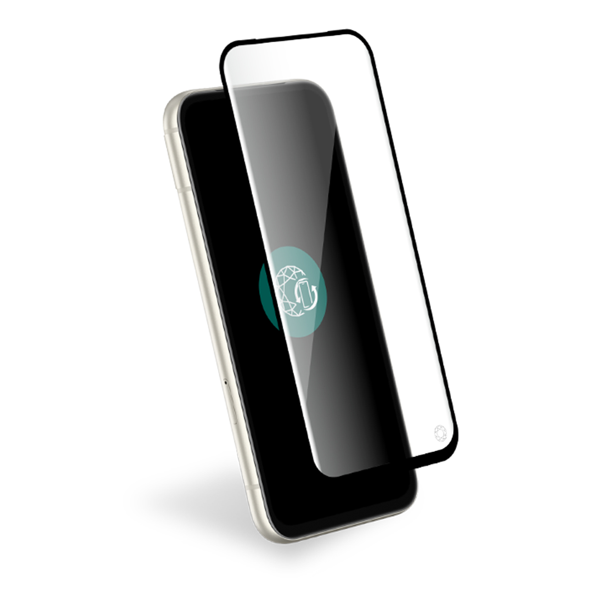 Un smartphone avec un protecteur d'écran est affiché sur fond blanc. Le téléphone est noir avec un logo vert. Le protecteur est transparent.