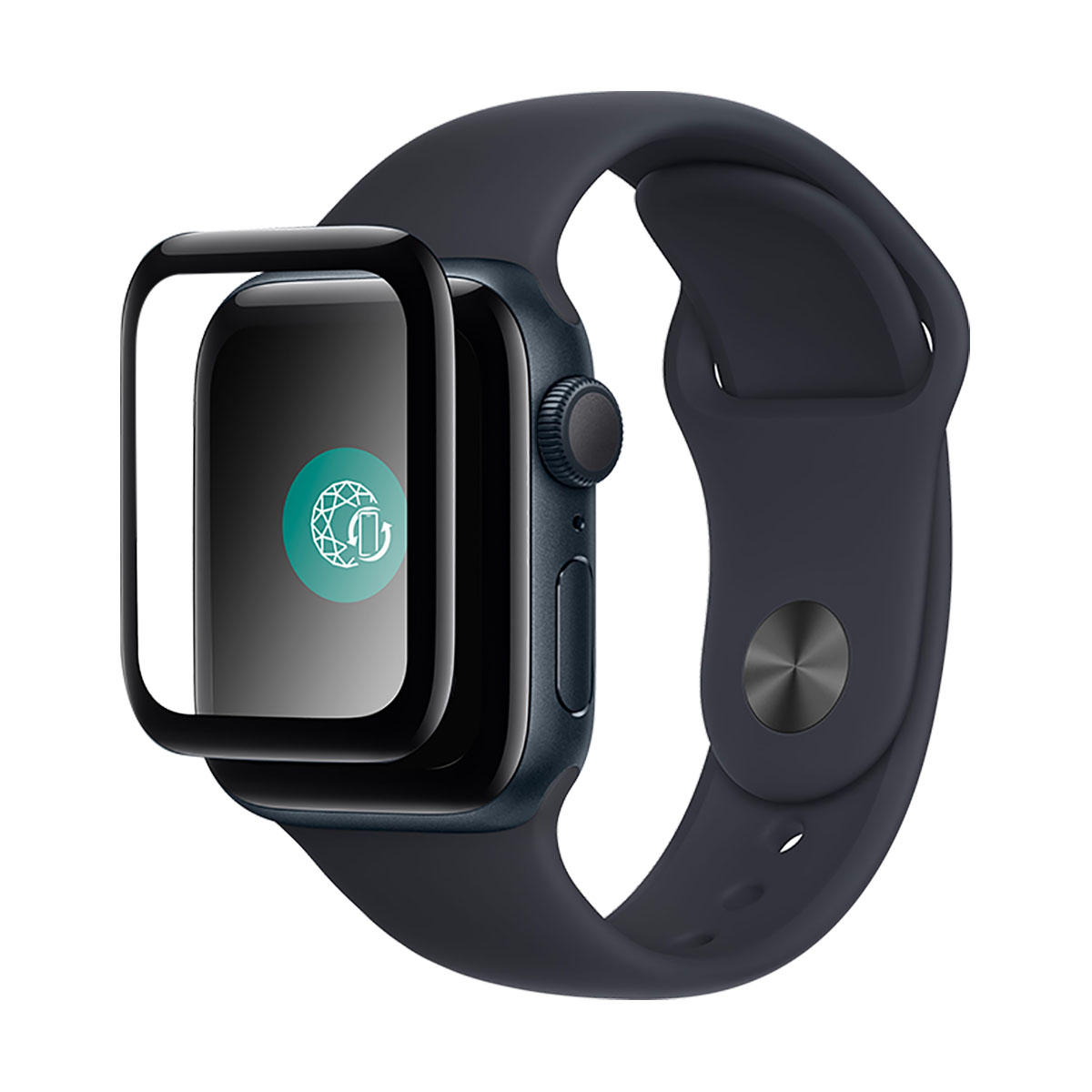 Un Apple Watch blu navy con protezione schermo. L'orologio ha un pulsante nero e una grafica verde acqua sullo schermo.