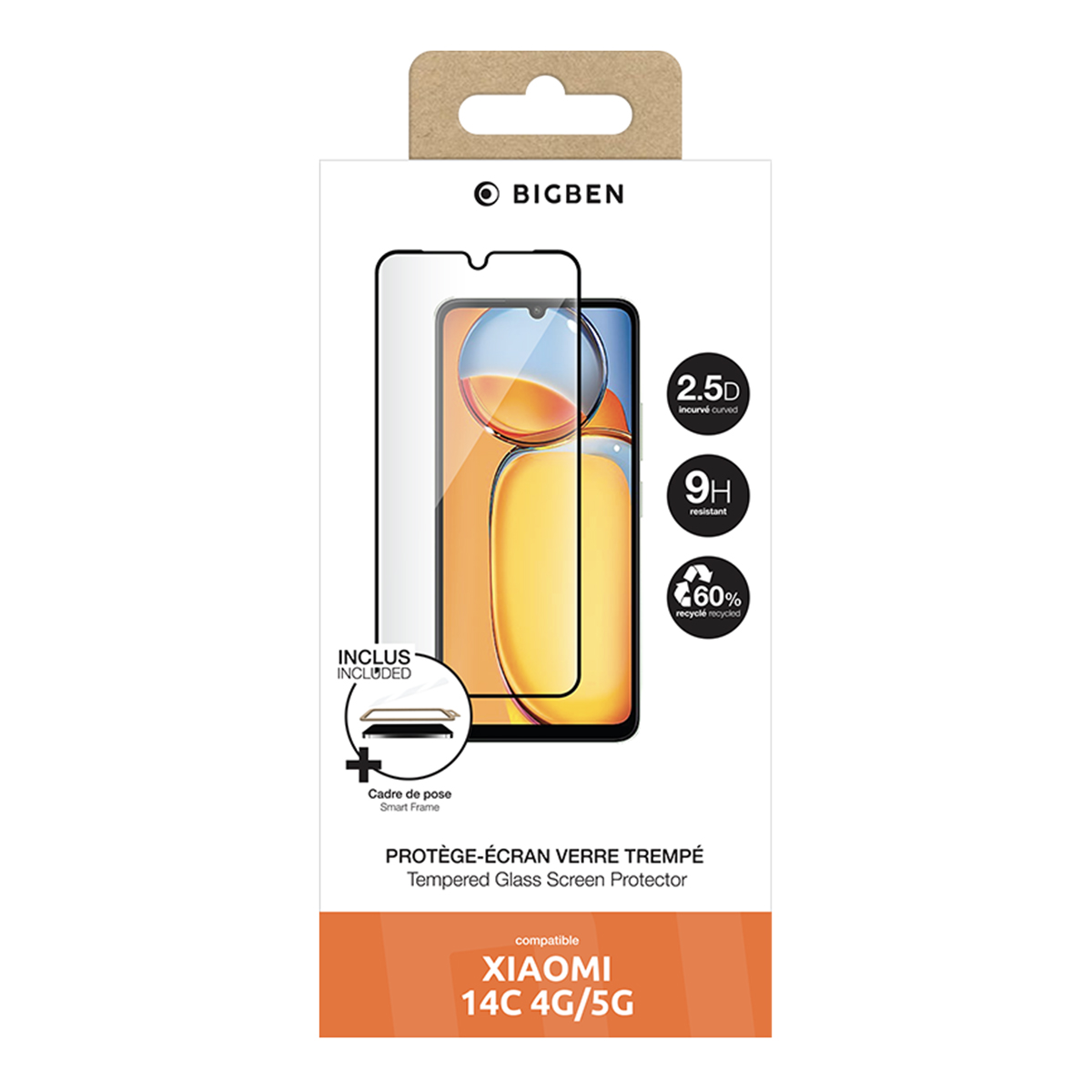 Une boîte de protection d'écran de téléphone. Elle présente une image du téléphone, des informations sur le produit et la marque BIGBEN. Compatible avec XIAOMI 14C 4G/5G.