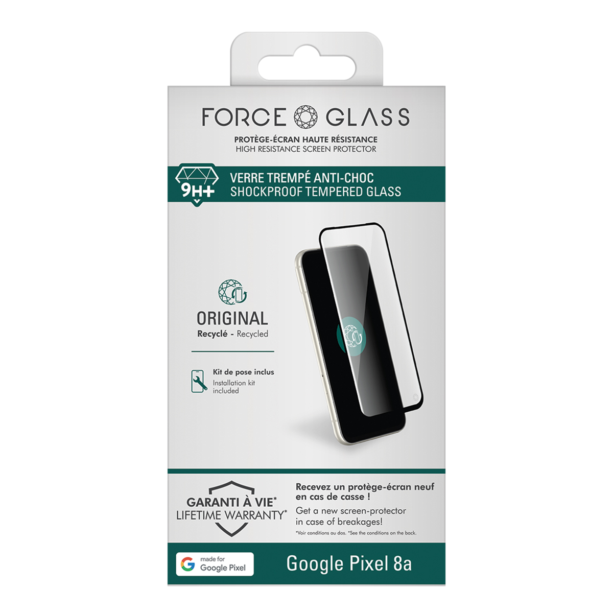 Une boîte de protection d'écran pour téléphone. Elle montre un téléphone avec un protecteur. Texte : 'FORCE GLASS' et 'Google Pixel 8a'.