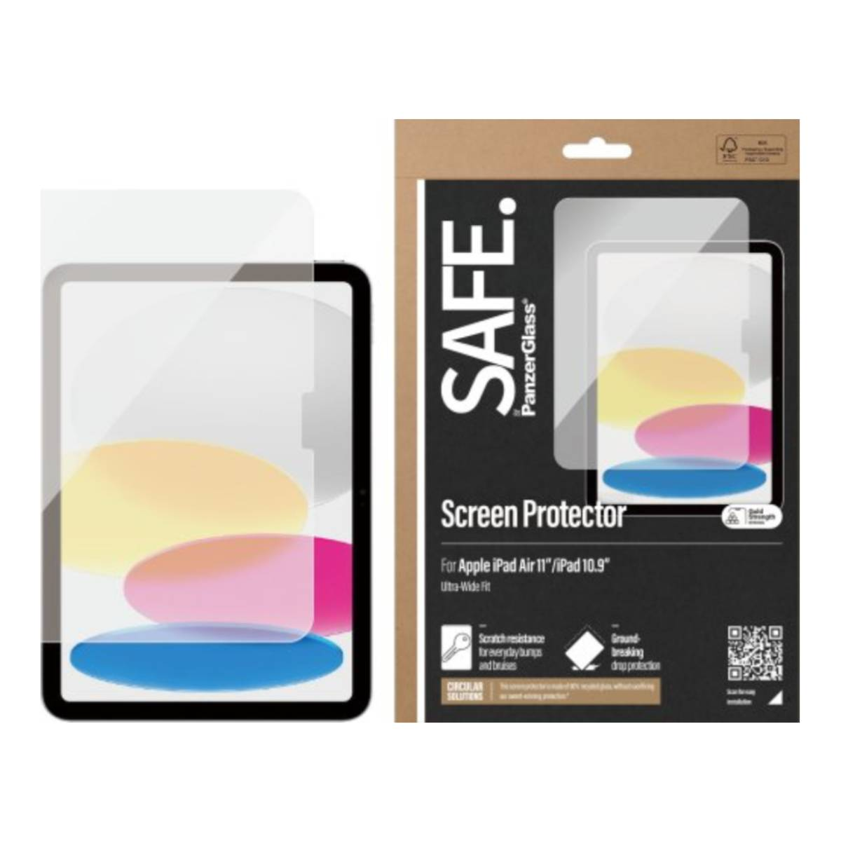 Schermbeschermer voor iPad. De verpakking toont het product en een iPad-scherm met gekleurde secties. Tekst: SAFE., PanzerGlass.