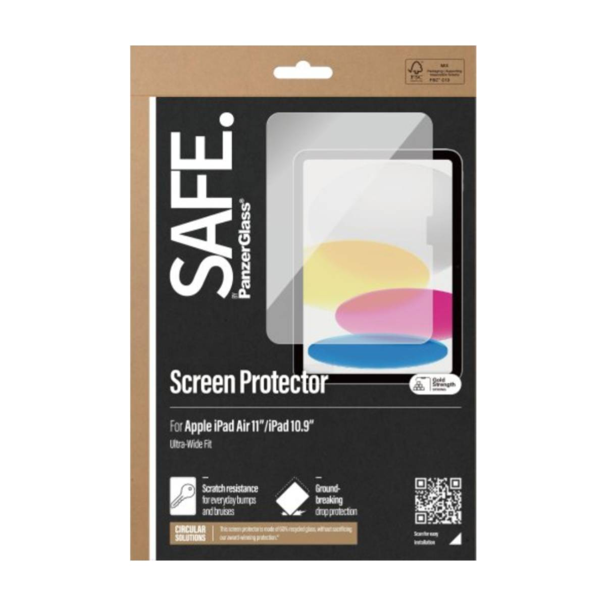 Een schermbeschermer verpakking voor iPad Air 11"/iPad 10.9". Het heeft de merknaam "SAFE." en vermeldt krasbestendigheid en valbescherming.