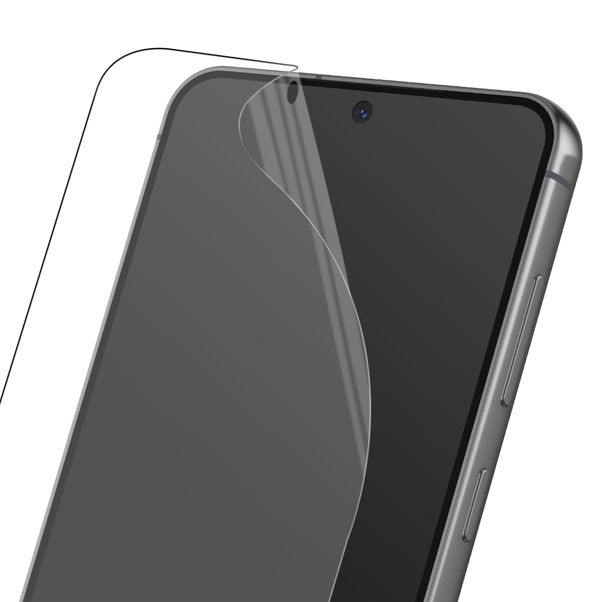 Un smartphone avec un protecteur d'écran appliqué. Le protecteur est partiellement décollé. Le téléphone est argenté avec un écran noir.