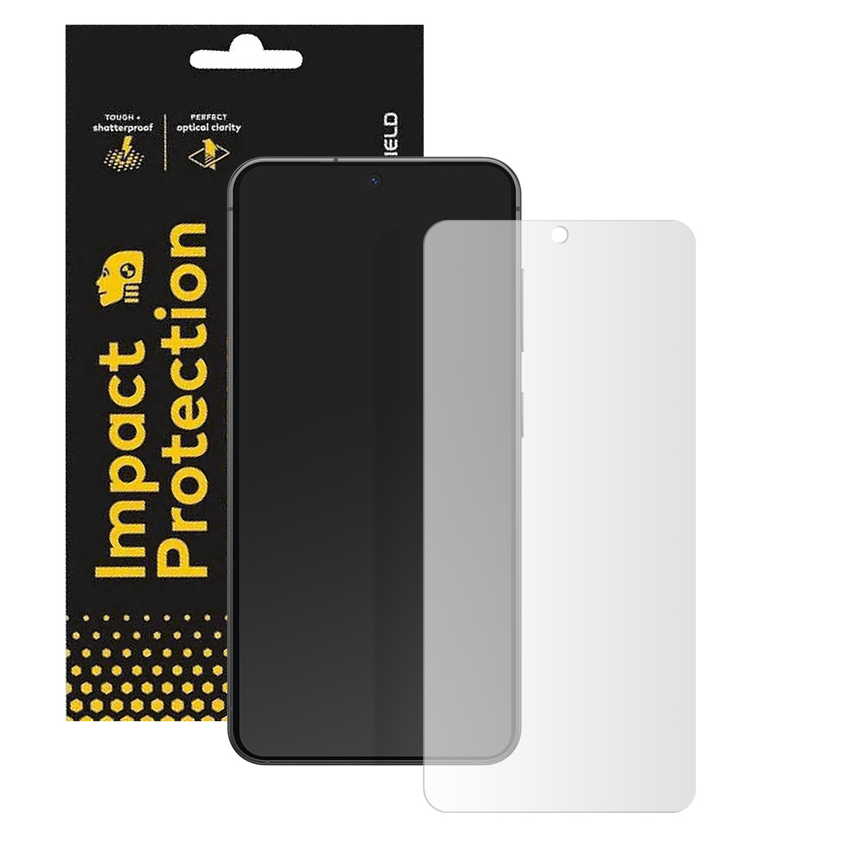Un smartphone avec un protecteur d'écran et son emballage. L'emballage est noir avec du texte et des images jaunes. Le protecteur est clair.