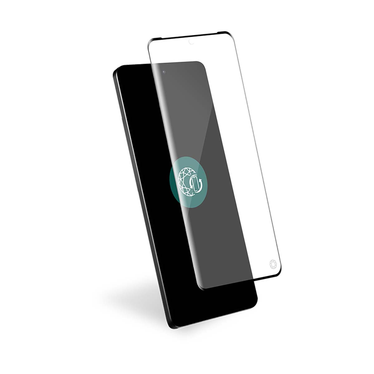 Un smartphone noir avec un protecteur d'écran appliqué. Le protecteur est transparent et légèrement incliné.