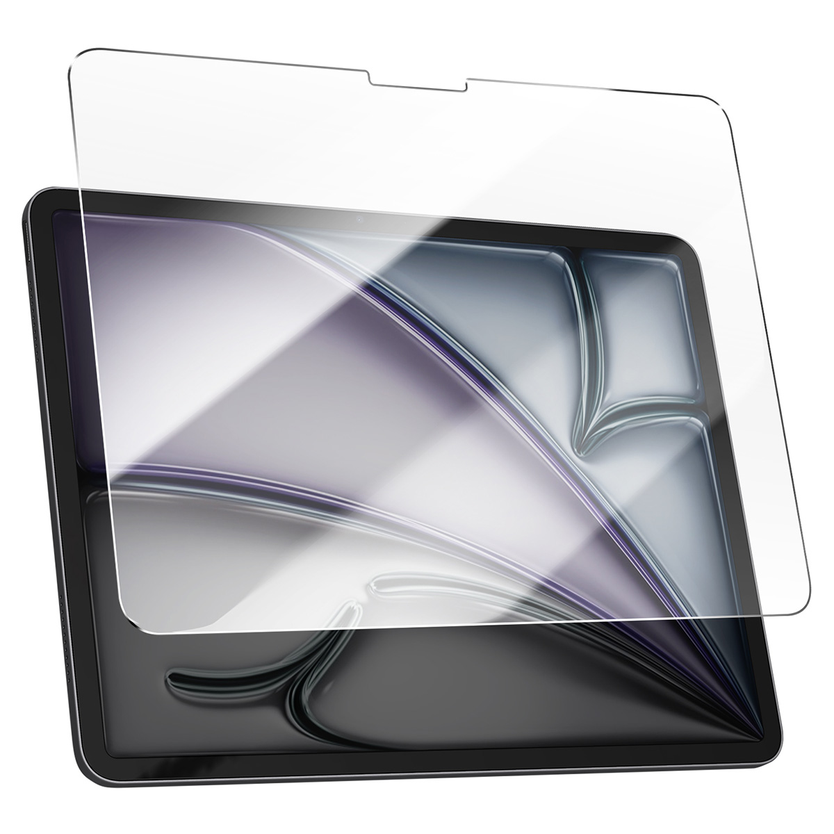 Une tablette avec un protecteur d'écran appliqué. La tablette est noire, le protecteur transparent et légèrement au-dessus de l'écran.