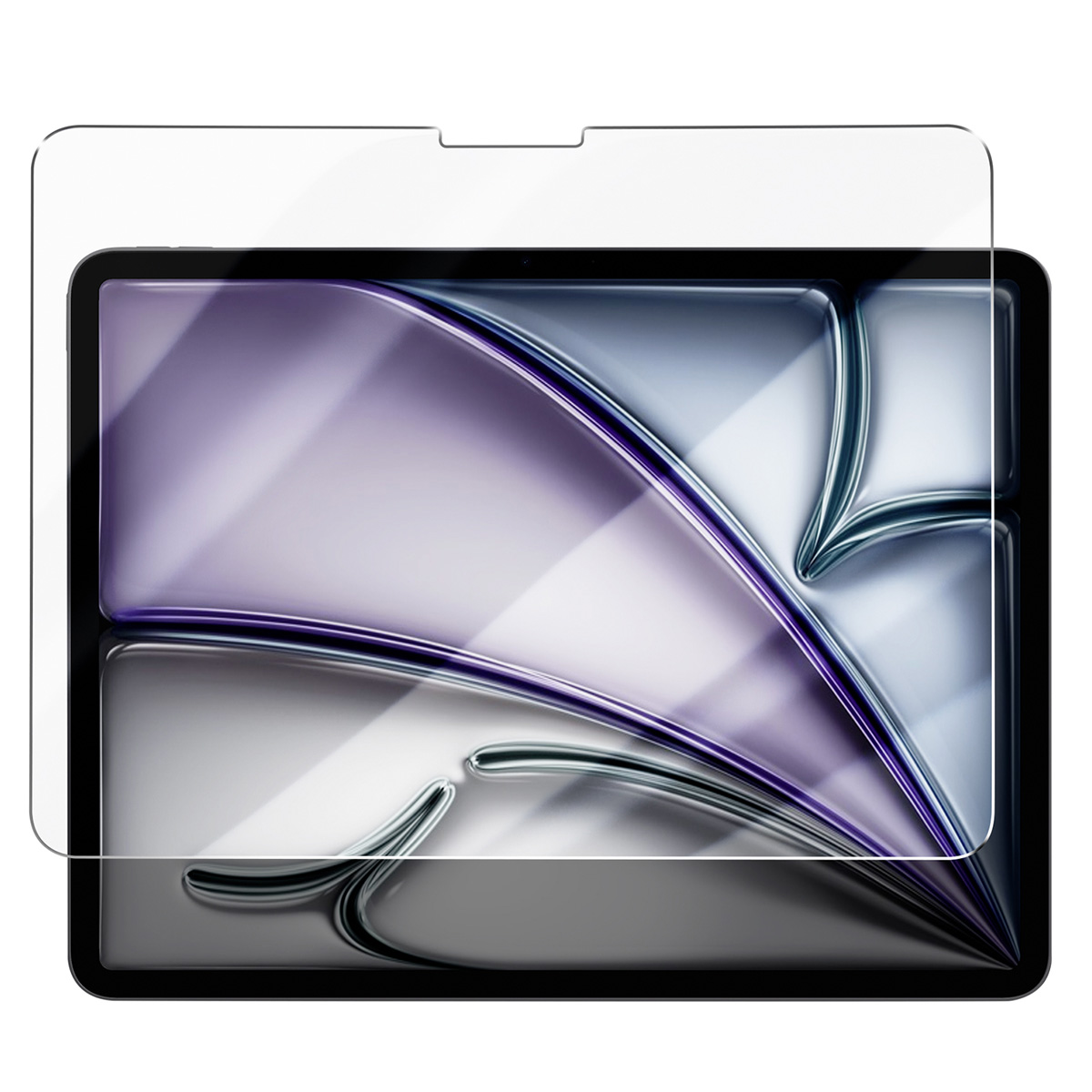 Une tablette avec un protecteur d'écran. L'écran a un design abstrait violet et gris. Le protecteur est transparent et se trouve au-dessus.
