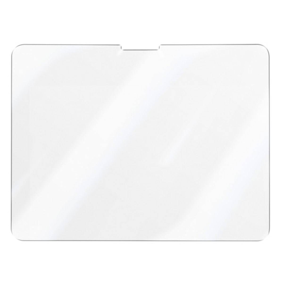 Un protecteur d'écran clair et rectangulaire avec des coins arrondis. Une petite encoche est sur le bord central supérieur. Fond blanc.