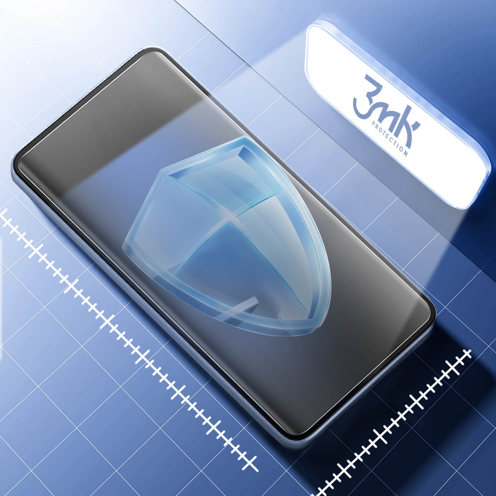 Un teléfono con un icono de escudo en su pantalla. Un rectángulo blanco con el texto 3mk PROTECTION está en la esquina superior derecha.