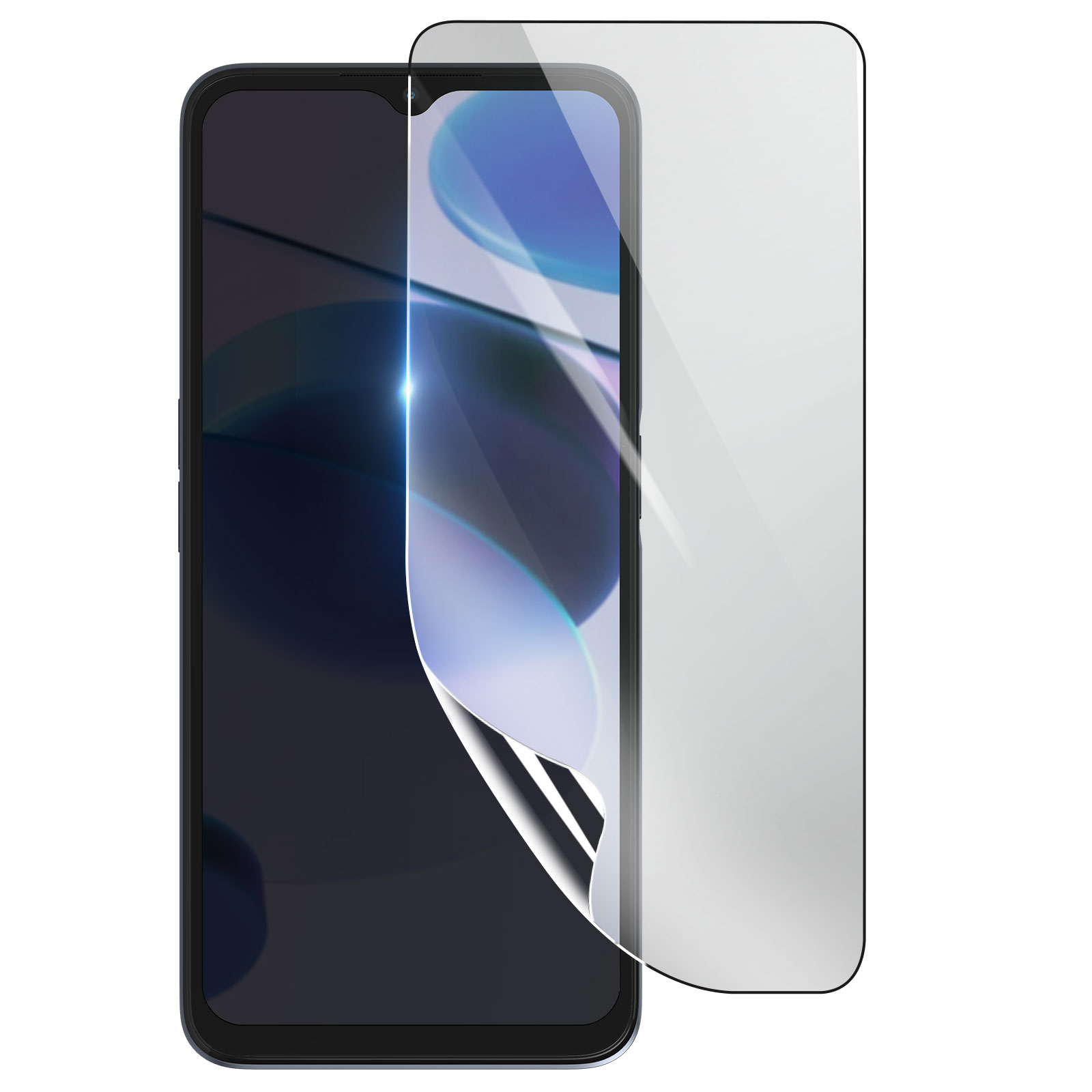 Uno smartphone con una protezione per lo schermo in fase di applicazione. Il telefono è nero e la protezione è trasparente.