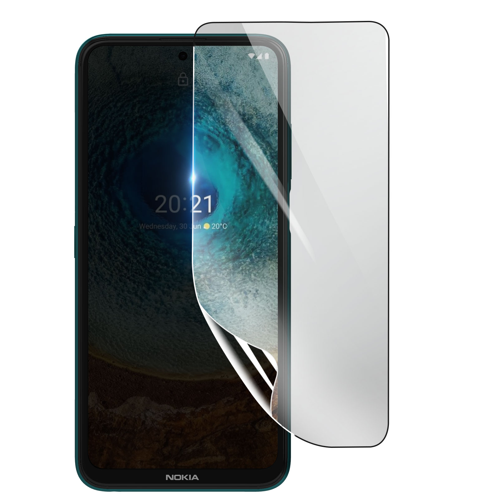 Telefono Nokia con protezione schermo applicata. Lo schermo mostra un'icona a lucchetto e l'ora, con sfondo blu ondulato.